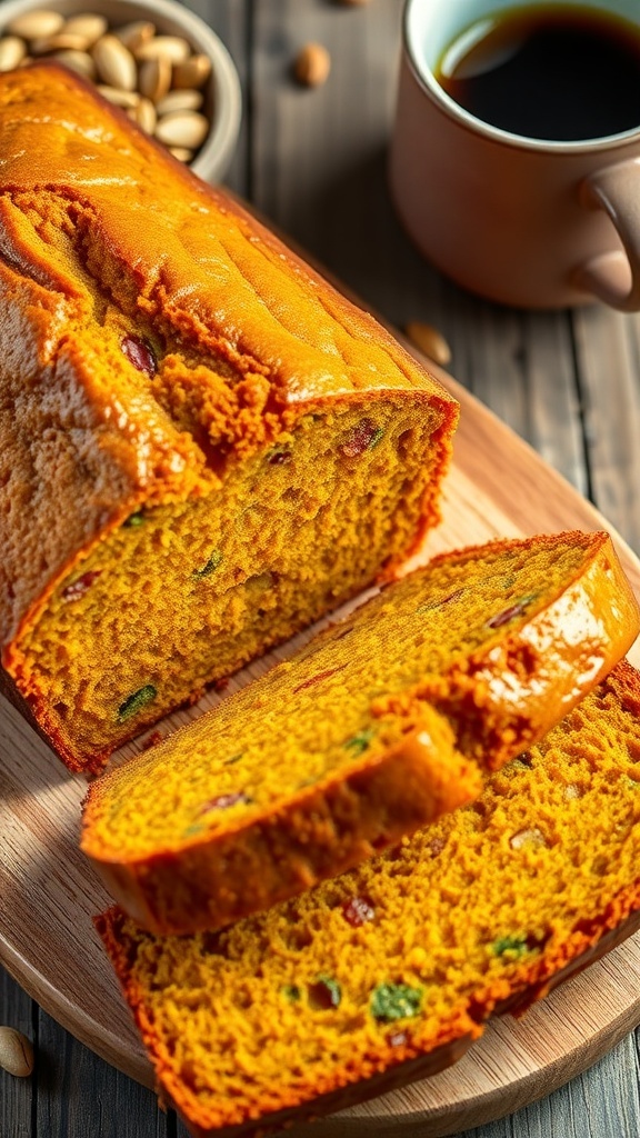 Keto Pumpkin Zucchini Bread Recipe A loaf of keto pumpkin zucchini bread sliced to show its moist texture, with pumpkin seeds and coffee in the background.